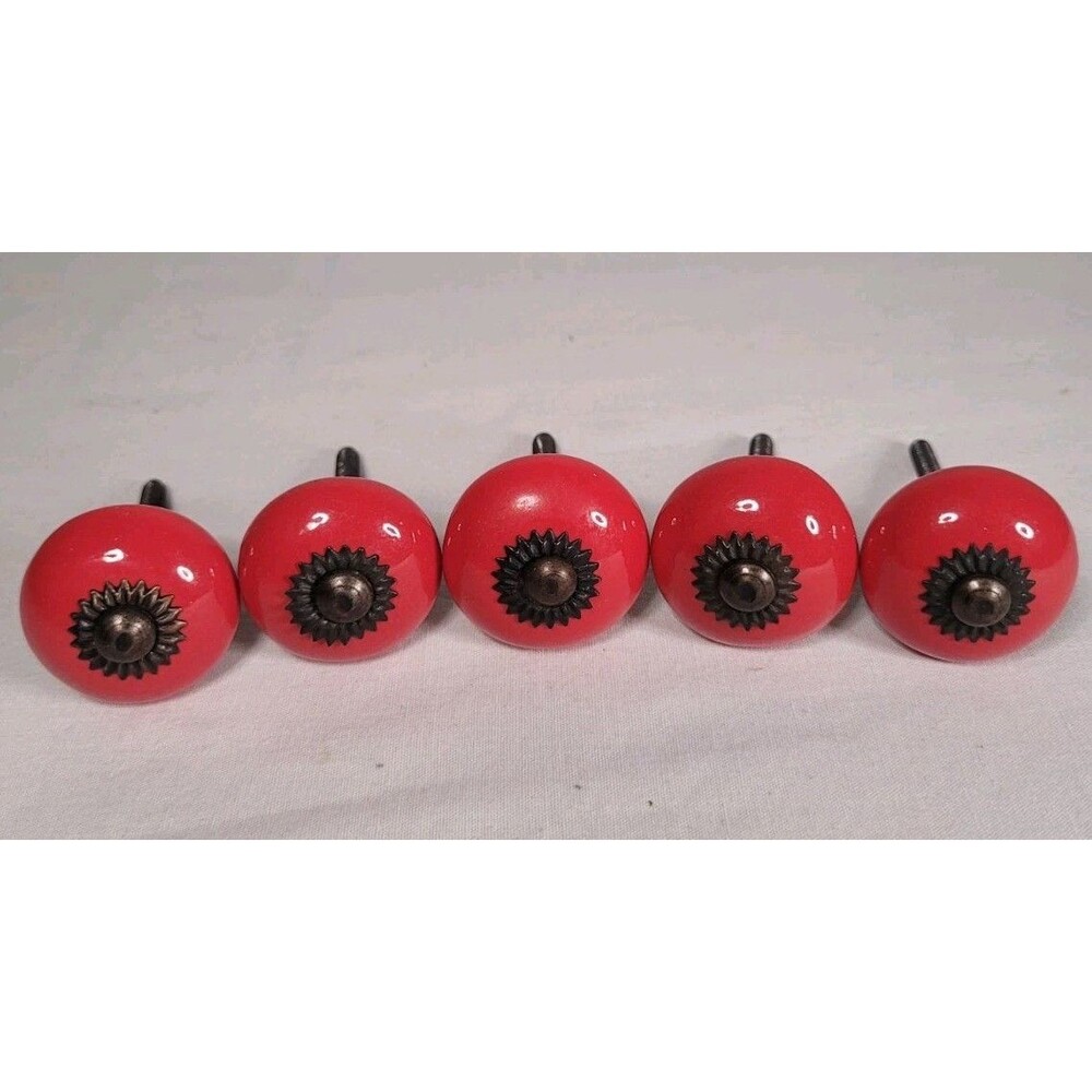 Door  Knobs Drawer Pulls. 5-pc Tomato Red ceramic Round Vintage.
